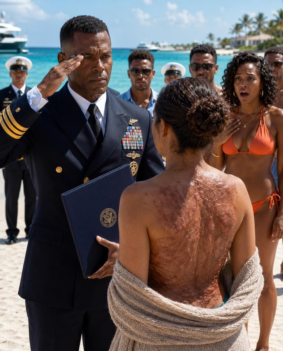 My sister ripped my shirt open on a luxury beach in front of Navy officers and laughed at the scars covering my back. My father stood there in silence while everyone stared at me like I was broken.
