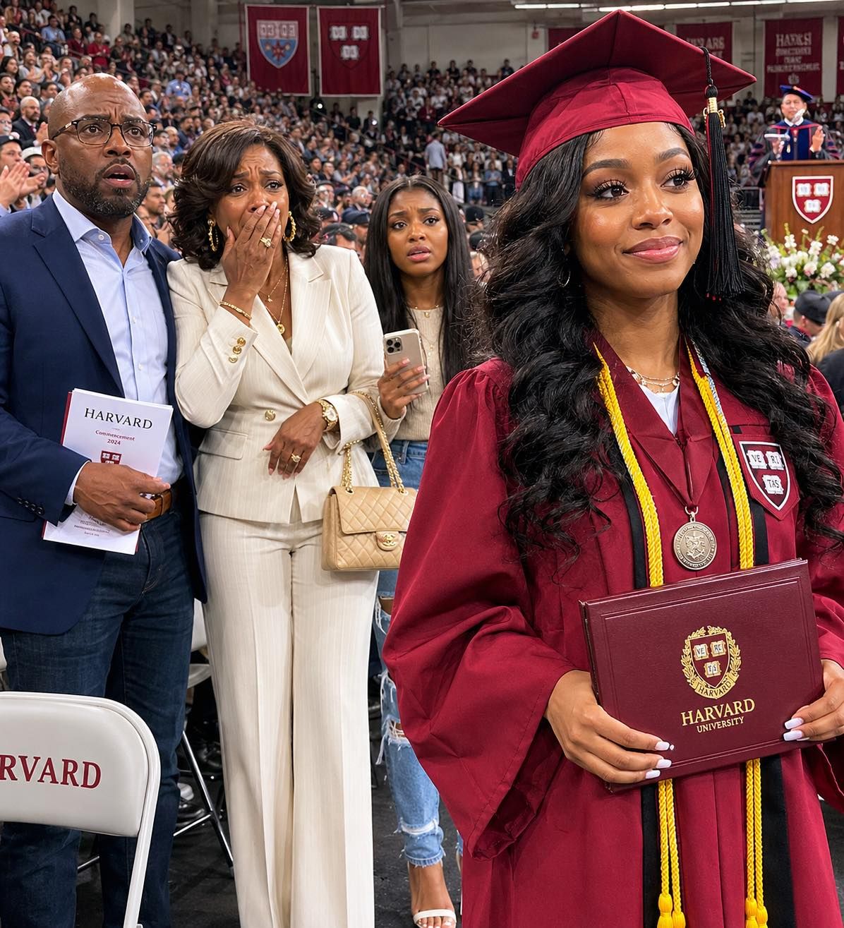 My parents told me to take the bus to my Harvard graduation because they were too busy buying my sister a brand-new Tesla, but when they finally showed up expecting to watch me quietly walk across the stage and go back to celebrating her, the dean took the mic, said my name, and my father dropped his program as the whole crowd learned what I had built while they were busy acting like I was never the child worth showing up for.