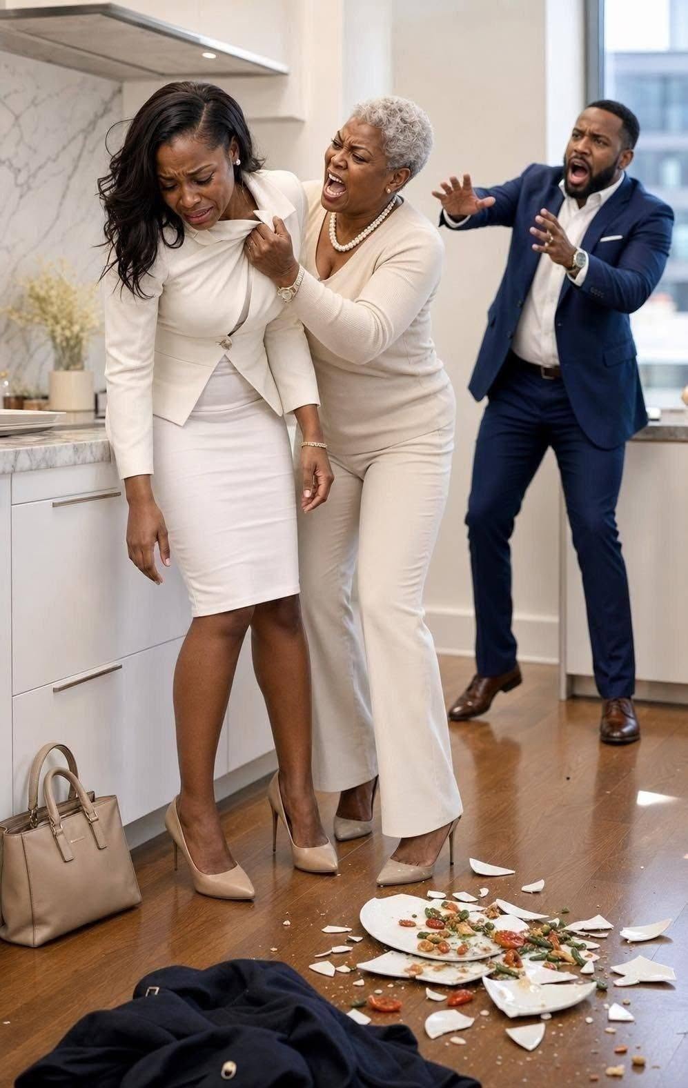 My mother-in-law tore my dress to humiliate me in my own kitchen; the next day, her son lost his job, the house, and the keys.
