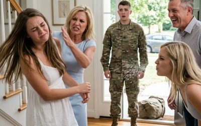 My mother slapped me so hard I slammed into the wall. My sister-in-law spat at me, and my brother-in-law laughed and called me a gold digger, thinking my husband was away on duty. But when the door opened and he walked into the room, his next words left them speechless with horror.