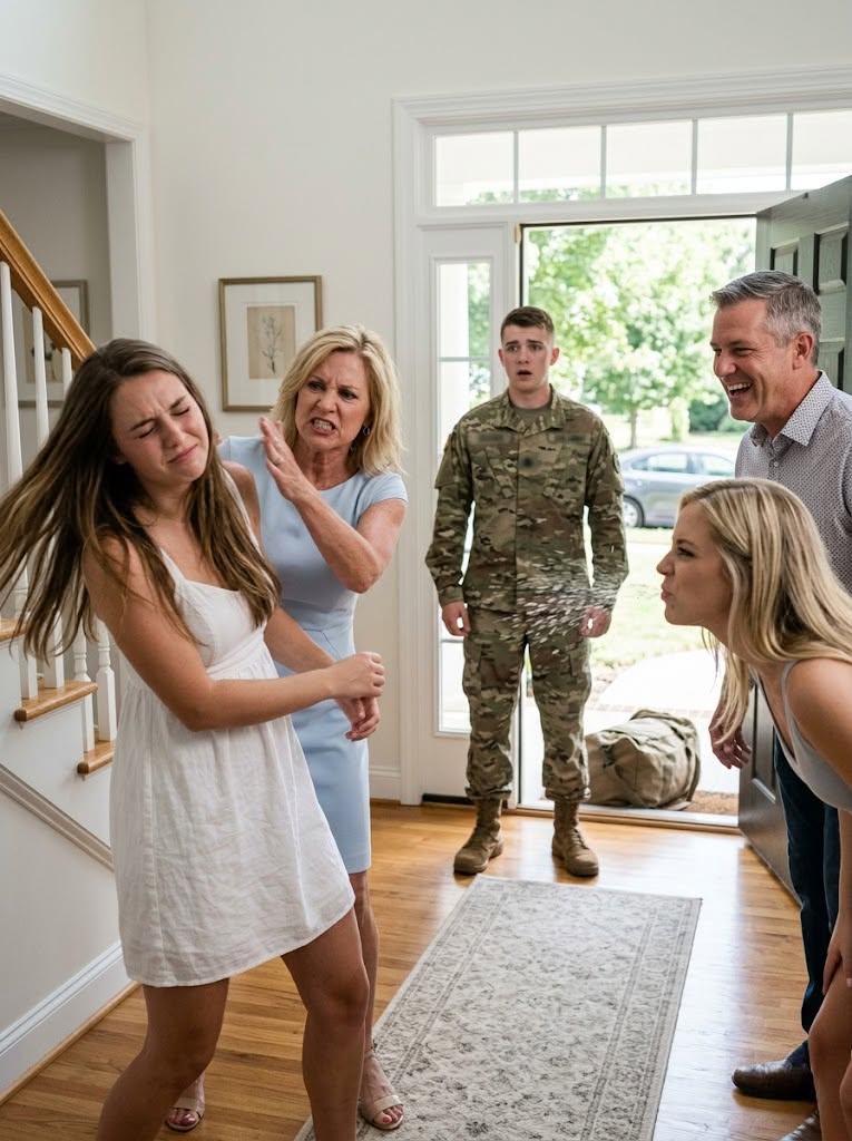My mother slapped me so hard I slammed into the wall. My sister-in-law spat at me, and my brother-in-law laughed and called me a gold digger, thinking my husband was away on duty. But when the door opened and he walked into the room, his next words left them speechless with horror.
